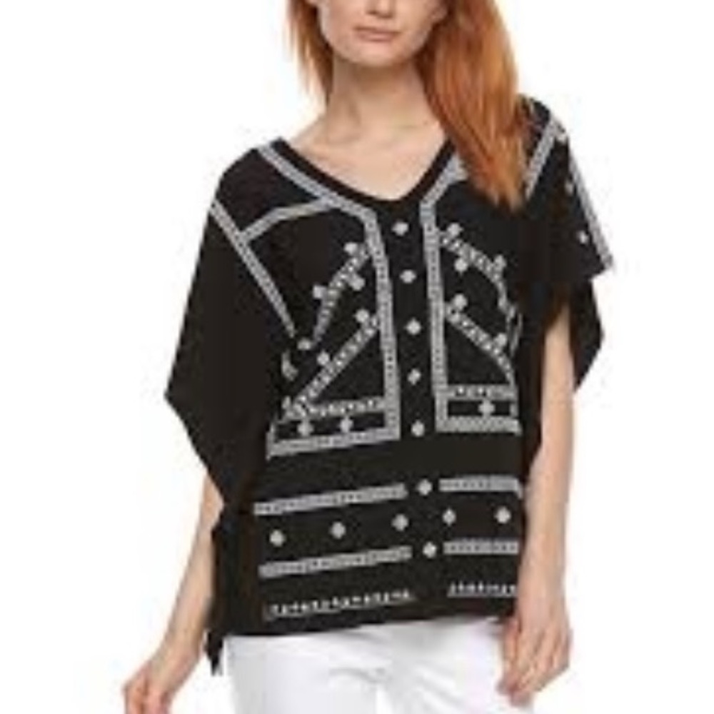 NWT Dana Buchman Stretch Embroidered Batwing Top L Black White - Picture 1 of 6